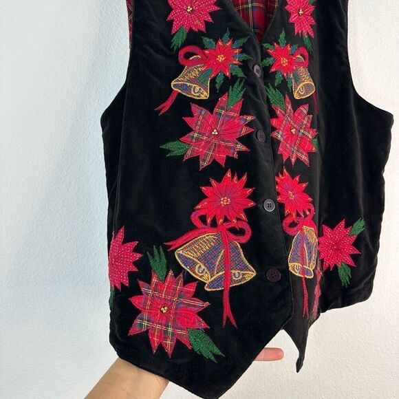 Vintage Black Velvet Poinsettia Floral Embroidered Vest Christmas Holiday Womens - Picture 5 of 8